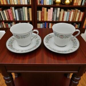 Eileen Cotillion Cup & Saucer Japan Floral Pink Blue Platinum Trim Set of 2